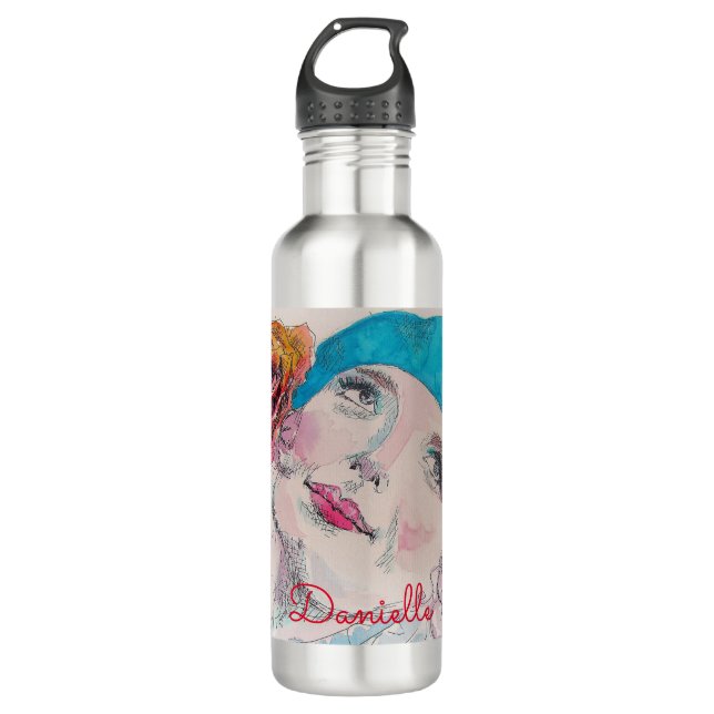 Girl mit Rote Rose Beret Wasserfarbe Blume Edelstahlflasche (Vorderseite)