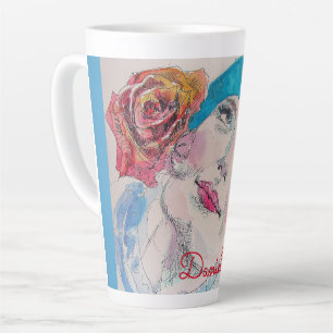 Girl mit Rote Rose Beret Wasserfarbe Blume Milchtasse