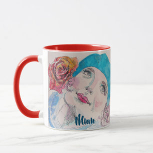 Girl mit Rote Rose Beret Wasserfarbe Blume Tasse
