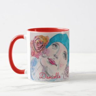 Girl mit Rote Rose Beret Wasserfarbe Blume Tasse