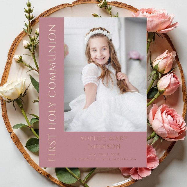 Girl Modern Foto Rosa Erstkommunion Gold Folieneinladung (Modern Pink Girl First Holy Communion Photo Foil Invitation)