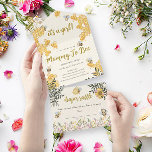 Girl Mommy to Bee Honeycomb Babyparty All In One Einladung