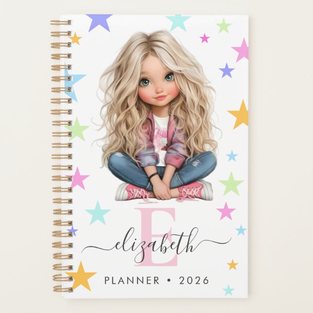 Girl Monogram Any Initial & Name Photo Planner Planer (Vorderseite)