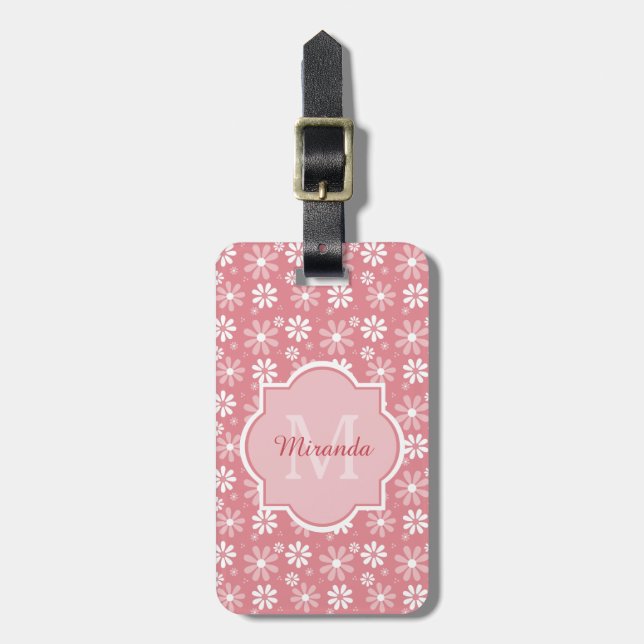 Girl Monogram Niedlich Pink Daisy Blume mit Namen Gepäckanhänger (Vorderseite vertikal)