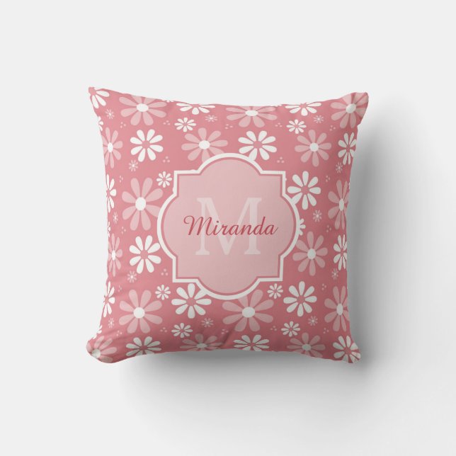Girl Monogram Niedlich Pink Daisy Blume mit Namen Kissen (Vorderseite)