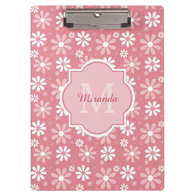 Girl Monogram Niedlich Pink Daisy Blume mit Namen Klemmbrett (Vorderseite)