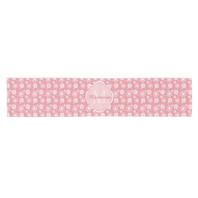 Girl Monogram Niedlich Pink Daisy Blume mit Namen Kurzer Tischläufer (Horizontal)