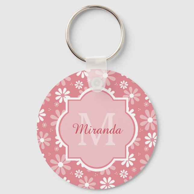 Girl Monogram Niedlich Pink Daisy Blume und Name Schlüsselanhänger (Vorderseite)