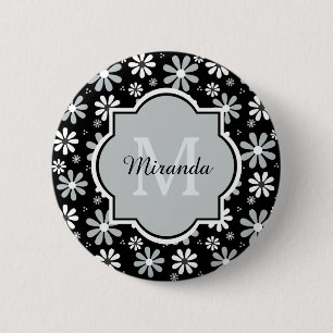 Girl Monogram Schwarz-weiße Daisy-Blume mit Namen Button