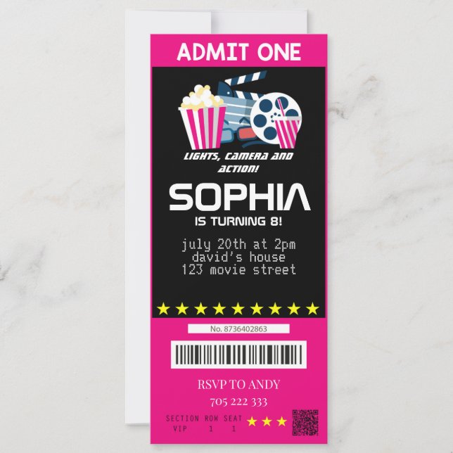 Girl Movie Party Movie Tickets Rosa Geburtstag Einladung (Vorderseite)