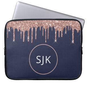 Girl Navy Blue Rose Gold Glitzer Tropfen Monogramm Laptopschutzhülle