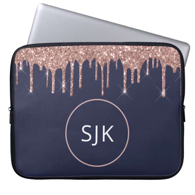 Girl Navy Blue Rose Gold Glitzer Tropfens Monogram Laptopschutzhülle (Vorderseite)