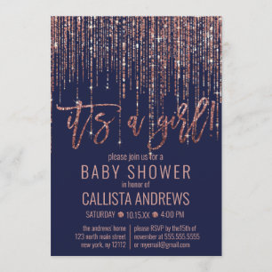 Girl Navy Rose Gold Glitzer Fringe Baby Dusche Einladung