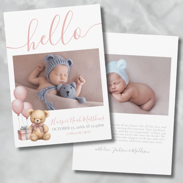 Girl Newborn Bear Birth Foto Baby Ankündigung (Baby Girl Newborn Photo Birth Announcement)