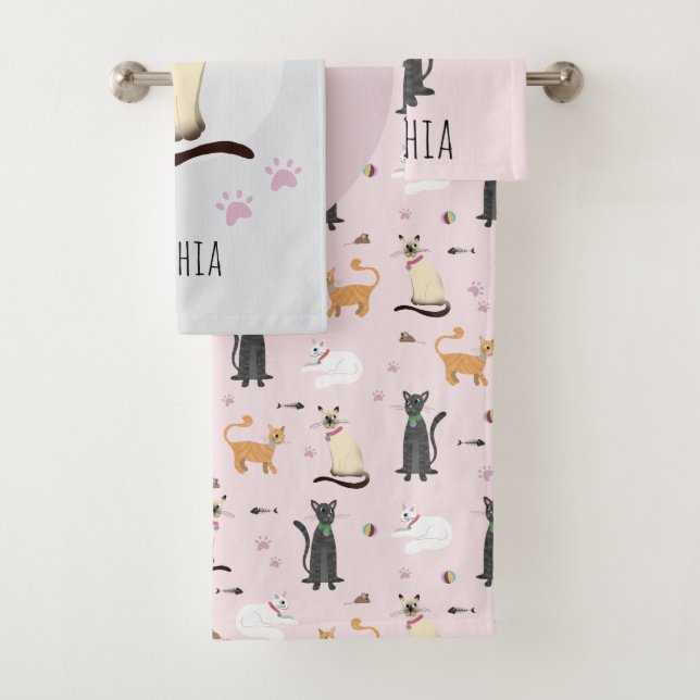 Girl Niedlich Cat Cartoon Rosa Muster & Name Kinde Badhandtuch Set (Insitu)