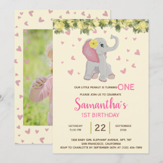Girl Niedlich Elephant Wassercolor Floral 1. Gebur Einladung