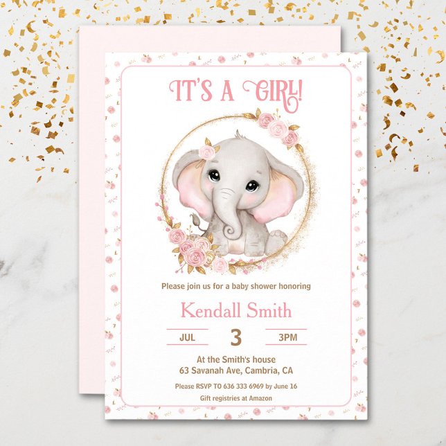 Girl Niedlich Pink Elefant und Blume Kinderdusche Einladung (Girl Cute Pink Elephant and Flowers Baby Shower Invitation)