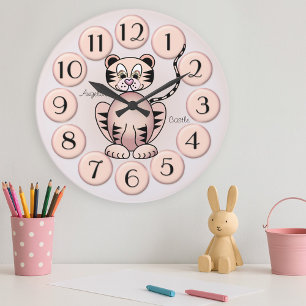 Girl Niedlich Tiger Pink Princess Wall Clock Große Wanduhr