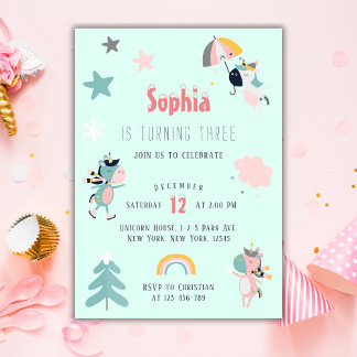 Girl Niedlich Unicorn Geburtstagsparty Einladung