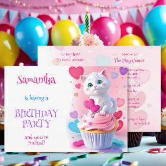 Girl Niedlich White Kitten und Cupcake Geburtstags Einladung