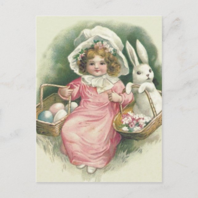Girl Oaster Basket Bunny Cfarbene Eier Feiertagspostkarte (Vorderseite)