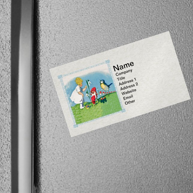 Girl Oaster Lilly Gnome Elves Singing Bird Basket Magnetische Visitenkarte (Little girl, gnomes red hats, bird,  flowers, easter eggs in fancy frame on magnetic business cards.)
