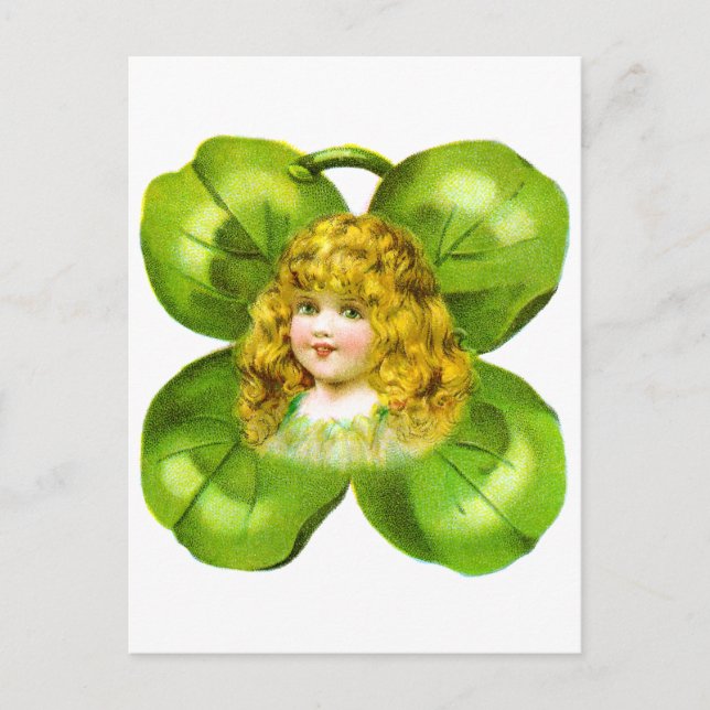 Girl on Giant Kleeblatt Vintag St Patrick's Day Postkarte (Vorderseite)