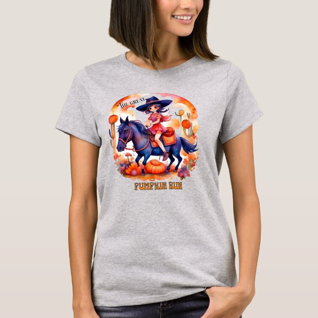 Girl on Horse Great Pumpkin Run Halloween T-Shirt (Vorderseite)