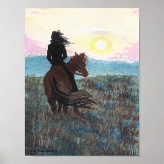 Girl on Horseback Sunrise Art Print Poster