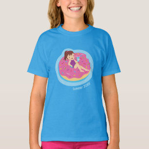 Girl on Pink Doughnut Pool Float Girls T-Shirt