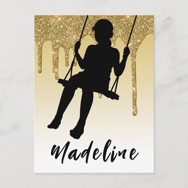 Girl on Swing Gold Glitzer Tropfen Ombre Postkarte (Vorderseite)