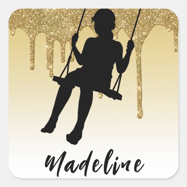 Girl on Swing Gold Glitzer Tropfen Ombre Quadratischer Aufkleber (Vorderseite)