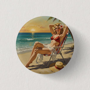 Girl On the Beach Retro "50er Button-up Art Button