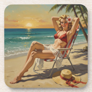 Girl On the Beach Retro "50er Button-up Art Getränkeuntersetzer