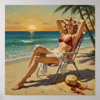 Girl On the Beach Retro "50er Button-up Art Poster