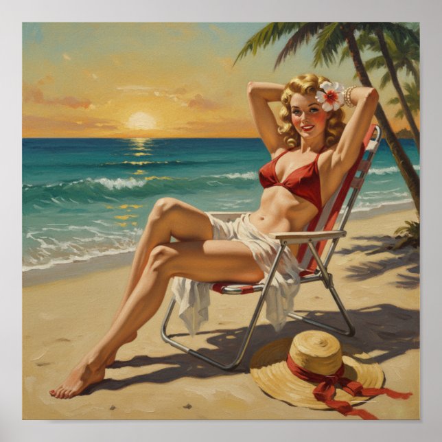 Girl On the Beach Retro "50er Button-up Art Poster (Vorne)
