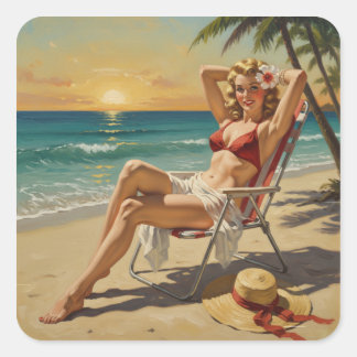 Girl On the Beach Retro "50er Button-up Art Quadratischer Aufkleber