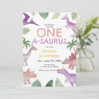 Girl One A Saurus Dinosaur 1st Birthday Invitation Einladung