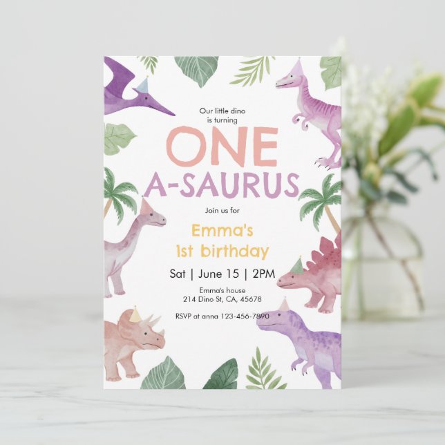 Girl One A Saurus Dinosaur 1st Birthday Invitation Einladung (Stehend Vorderseite)