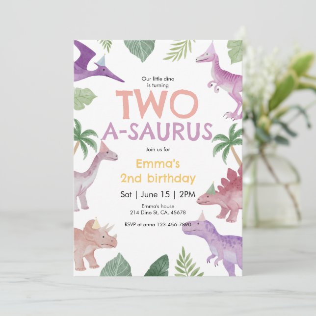 Girl One A Saurus Dinosaur Birthday Invitation Einladung (Stehend Vorderseite)