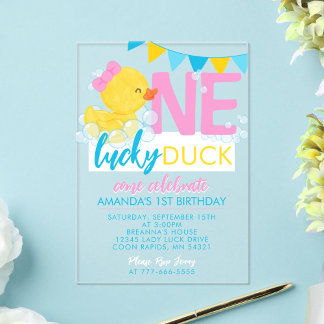Girl One Lucky Duck Wasserfarbe 1. Geburtstag Acryleinladungen