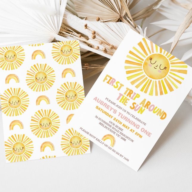 Girl Orange Erster Ausflug rund um die Sonne 1. Ge Einladung (Girls First Trip Around The Sun 1st Birthday Invitation Template, Rainbow Smiling Sun, Trip Themed)
