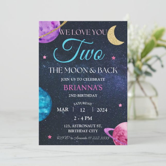 Girl Outer Space 2. Geburtstag 2. Einladung (Stehend Vorderseite)