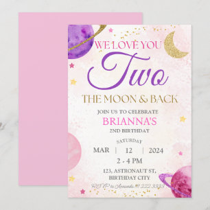 Girl Outer Space 2 Pink 2 Der Mond zum Geburtstag Einladung