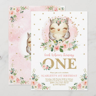 Girl Owl Blush Rosa Floral 1. Geburtstag Party Einladung