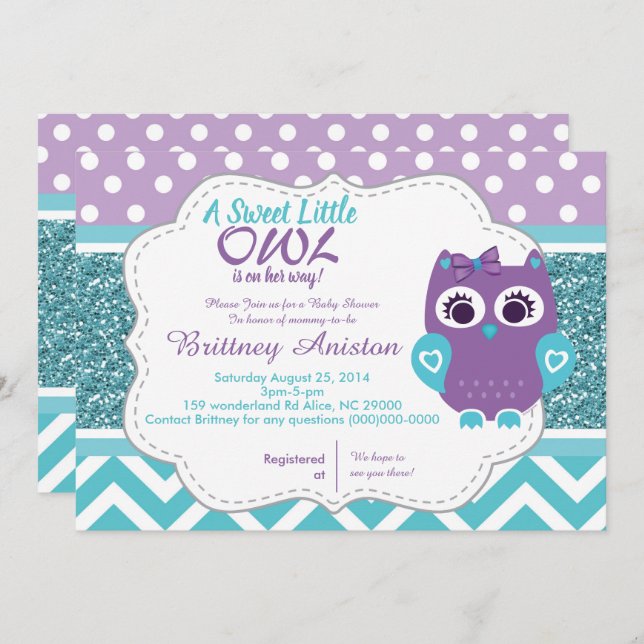 Girl Owl Lila Aquamarine Einladungskarte Einladung (Vorne/Hinten)
