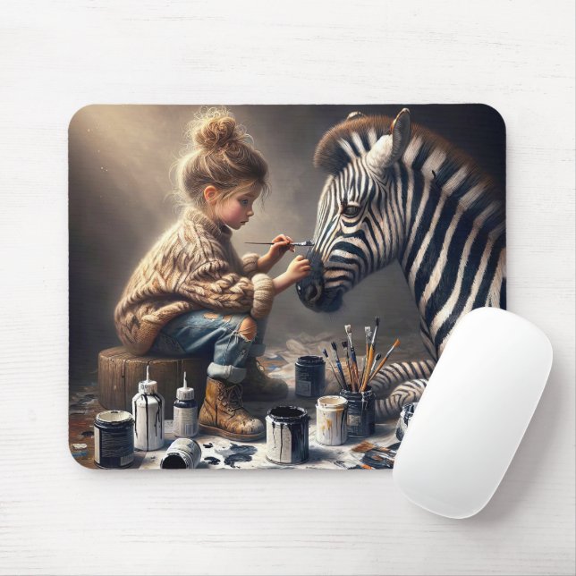 Girl Painting Stripes auf einem Zebra Mousepad (Mit Mouse)