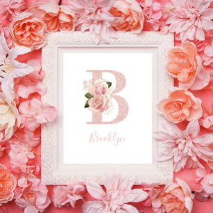 Girl Pale Rose Gold Glitzer Floral Monogram B Poster