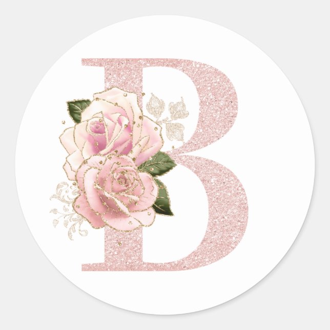 Girl Pale Rose Gold Glitzer Floral Monogram B Runder Aufkleber (Vorderseite)