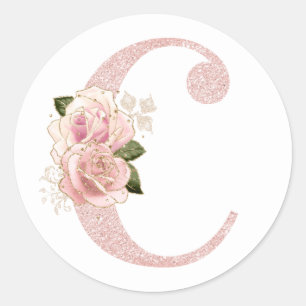Girl Pale Rose Gold Glitzer Floral Monogram C Runder Aufkleber